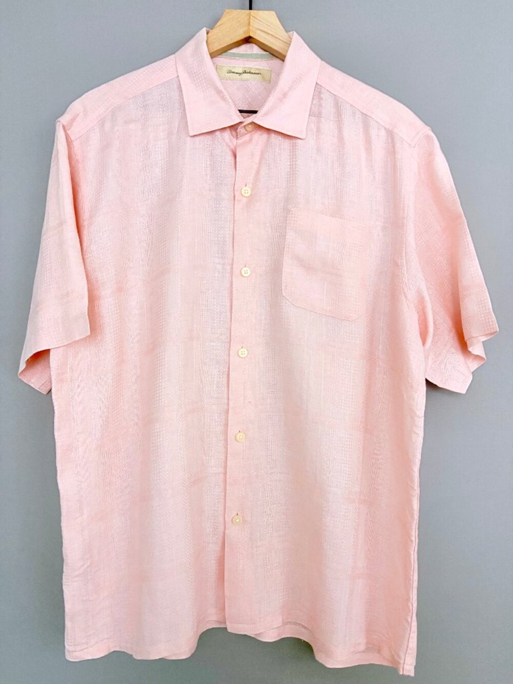 Tommy Bahama 100% Linen Blush Pink Short Sleeve Button Front Shirt Mens Large